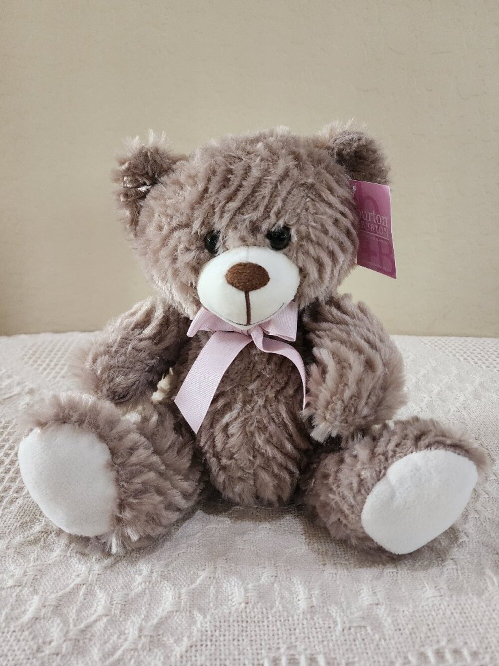 NWT burton + Burton Cream Tan Super Soft Plush Teddy Bear Pink Ribbon